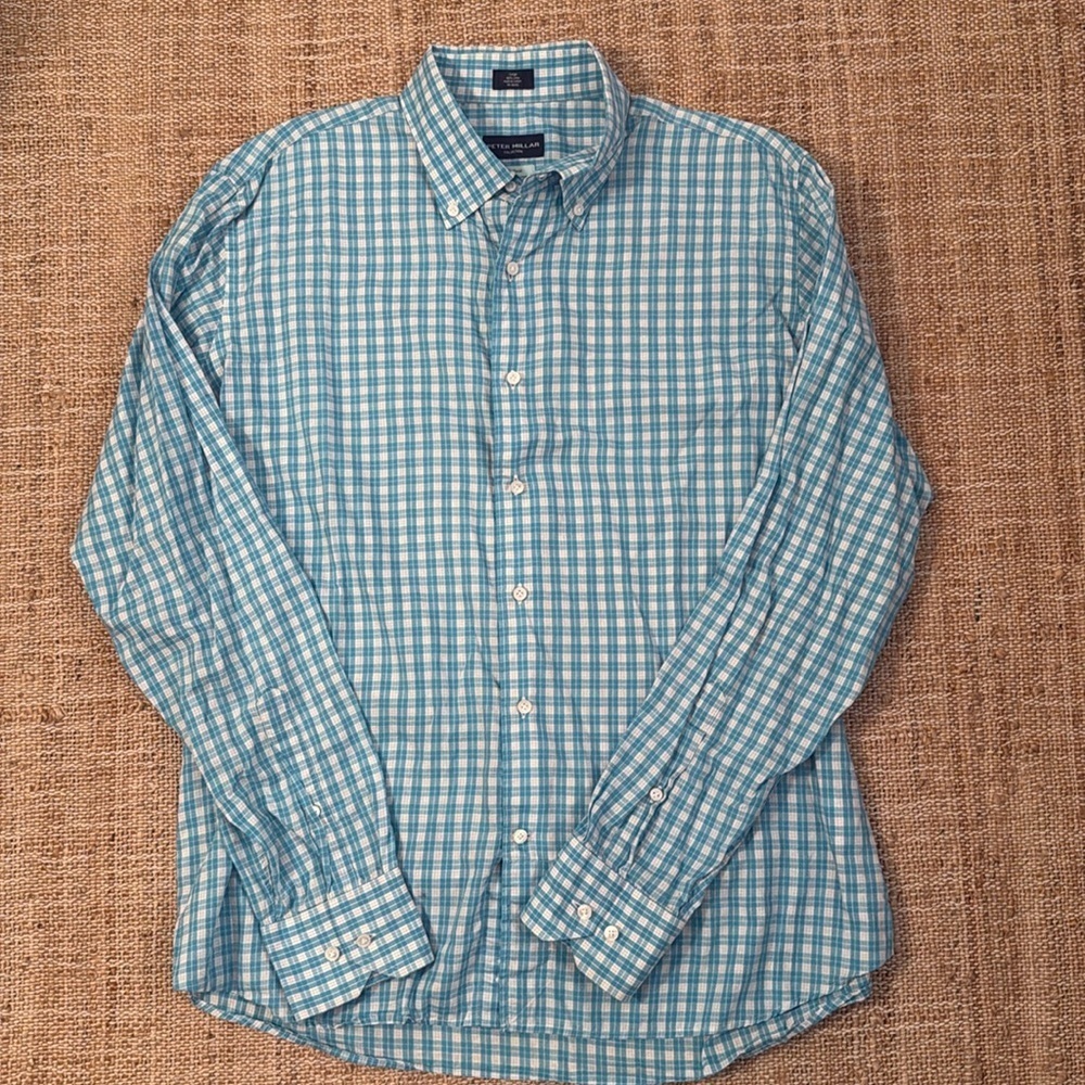 Peter Millar Aqua Turquoise White Check Plaid Button Down Shirt L Flex Finish